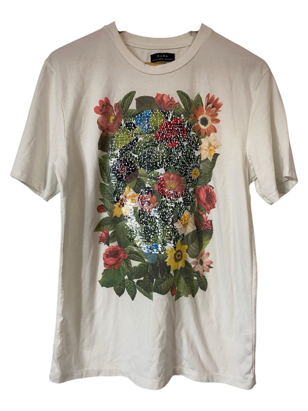 Zara Floral Sequin Skull T-Shirt Cream White Graphic Tee M